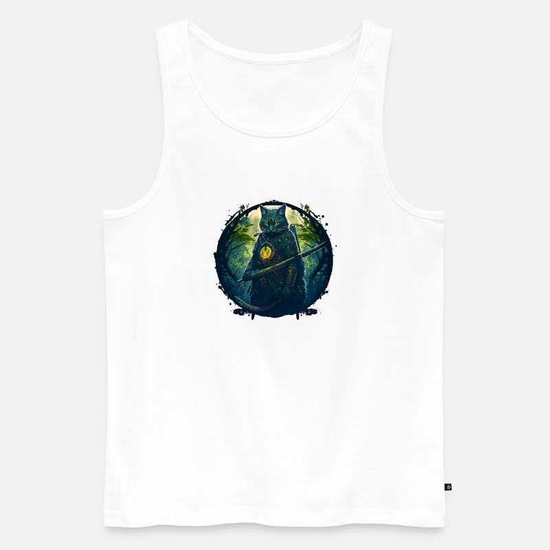 Katze als Samurai in Wald - Männer Premium Bio Tank Top - Weiß