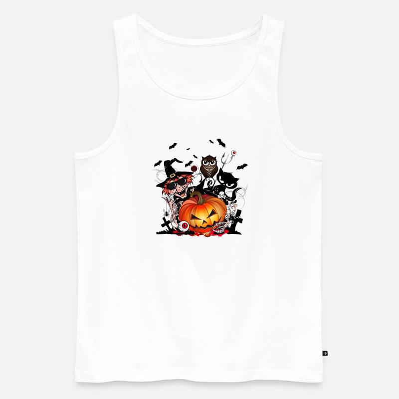 Halloween Kürbis mit Hexe,Katze,Fledermaus & Eule - Männer Premium Bio Tank Top - Weiß