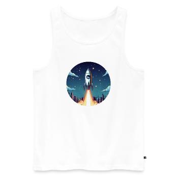 Lancement d’une fusée dans l’espace devant le ciel nocturne dans un style comique - Débardeur bio Premium Homme - blanc - Devant - AI Model Male 178 light (178cm)