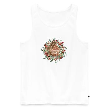 Maison en pain d’épices en couronne de mélèze pour Noël - Débardeur bio Premium Homme - blanc - Devant - AI Model Male 178 light (178cm)