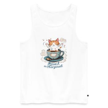 Réveil en chargement, humour chat et tasse à café - Débardeur bio Premium Homme - blanc - Devant - Michal (187cm)