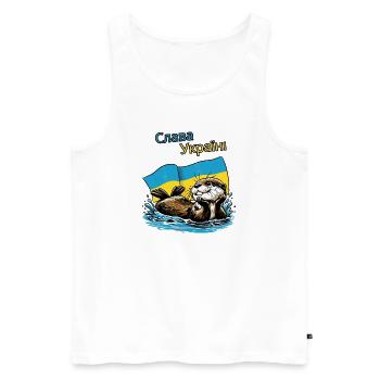 Slava Ukraini,glücklicher Otter mit Ukraine Flagge - Männer Premium Bio Tank Top - Weiß - Vorne - Michal (187cm)