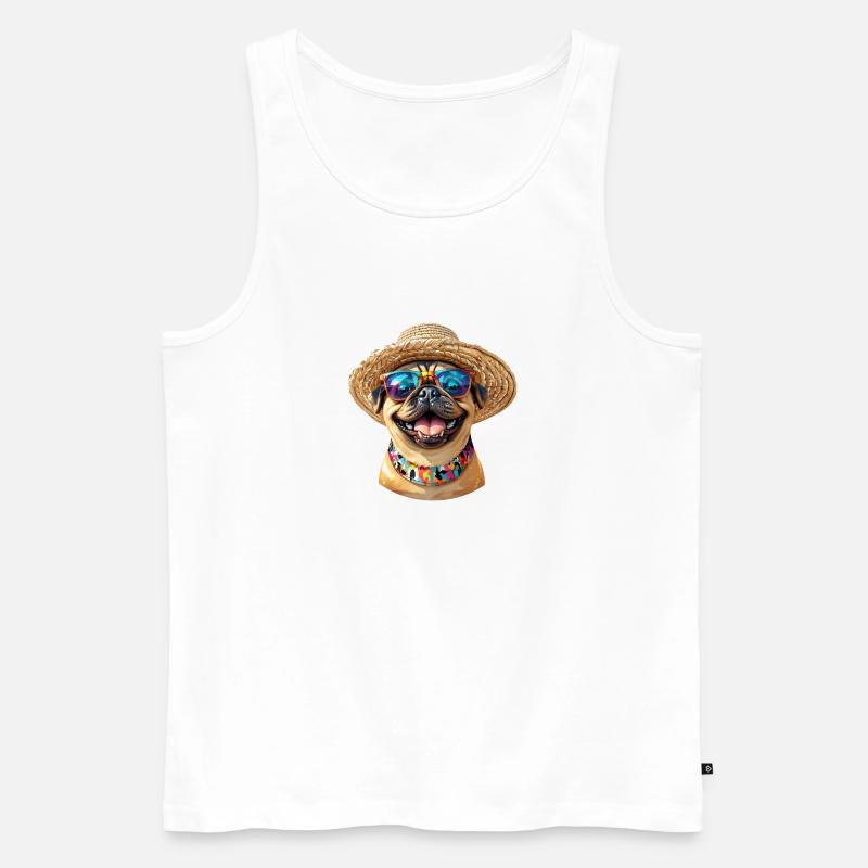 Fröhlicher Mops mit Sonnenbrille & Strohhut - Männer Premium Bio Tank Top - Weiß