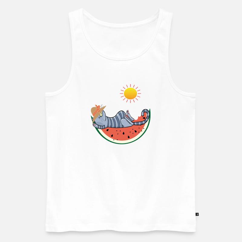 Katze mit Melone im Sonnenschein - Männer Premium Bio Tank Top - Weiß
