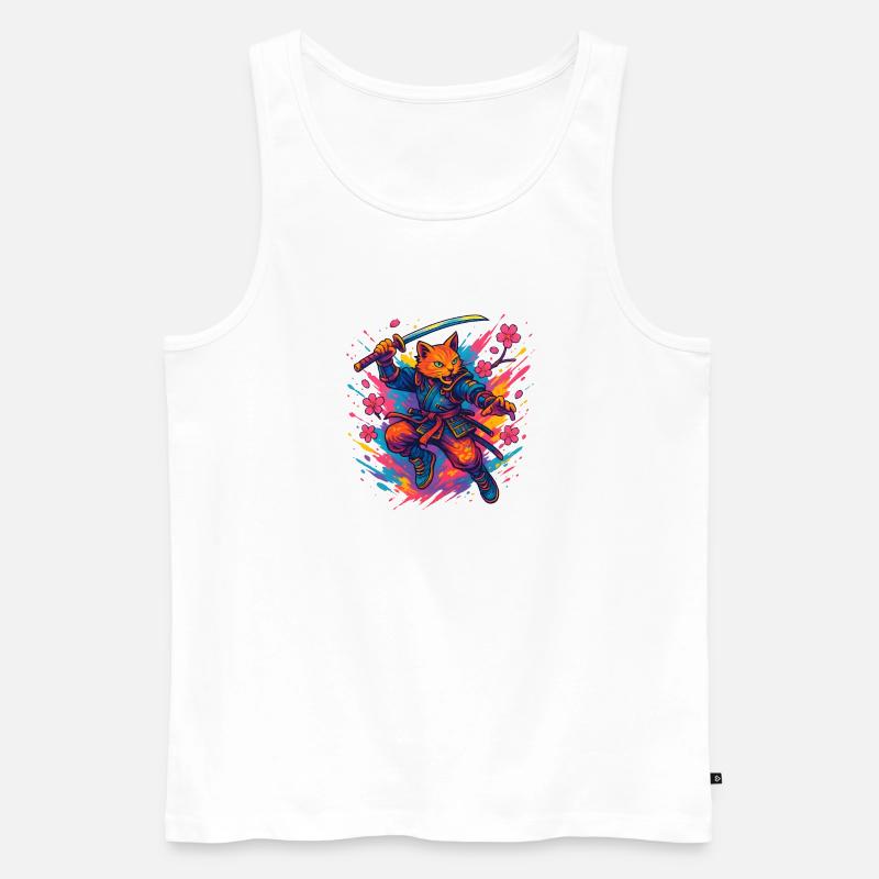 Katzen-Krieger im Samurai-Stil - Männer Premium Bio Tank Top - Weiß