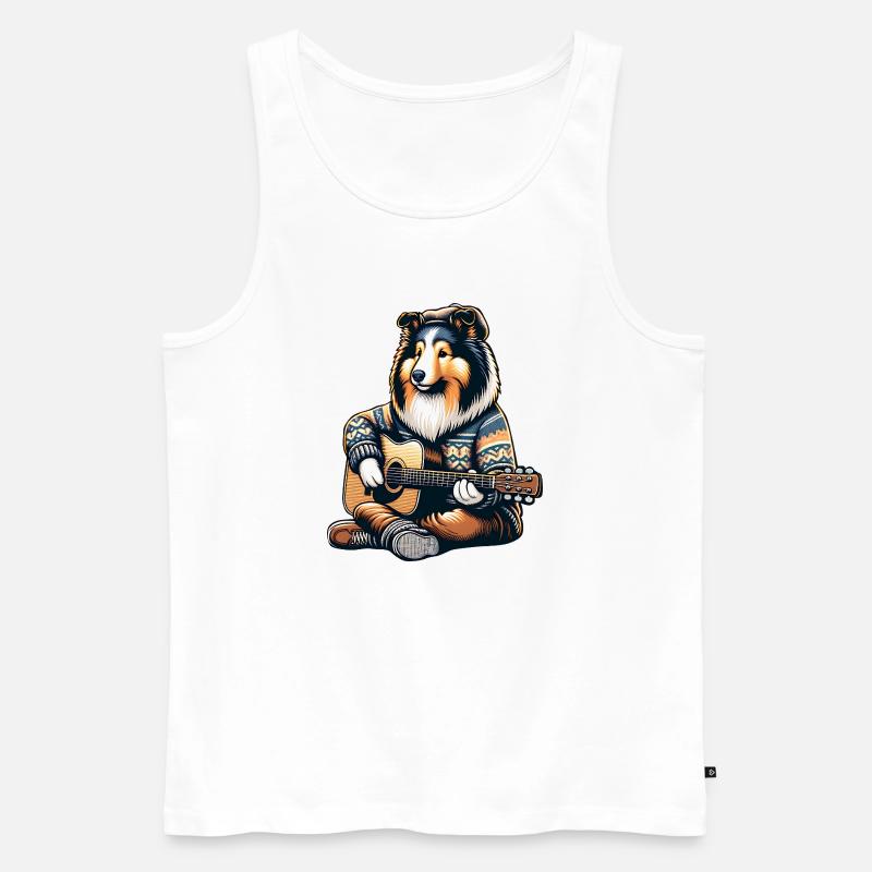 Collie Mit Akustikgitarre Im Strickpullover - Männer Premium Bio Tank Top - Weiß