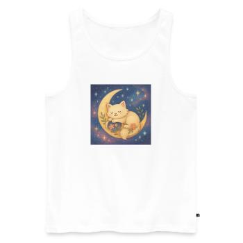 Chat endormi sur la lune dans le ciel étoilé - Débardeur bio Premium Homme - blanc - Devant - AI Model Male 178 light (178cm)