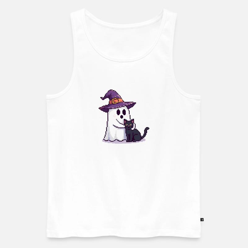 Pixel Geist mit Hexenhut & Katze – Halloween - Männer Premium Bio Tank Top - Weiß