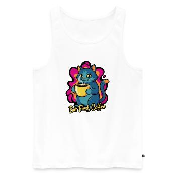 Kaffee Katze – But First Coffee - Männer Premium Bio Tank Top - Weiß - Vorne - Michal (187cm)