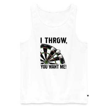 Sweat à capuche et t-shirt Darts Fun « Je lance, tu me veux » - Débardeur bio Premium Homme - blanc - Devant - Michal (187cm)