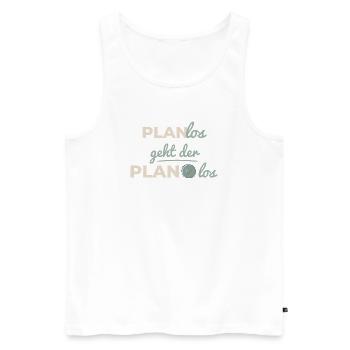 Le plan commence de façon désordonnée : Typographie scandinave beige - Débardeur bio Premium Homme - blanc - Devant - AI Model Male 178 light (178cm)