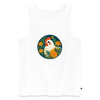 Une poule ensoleillée parmi des fleurs audacieuses - Débardeur bio Premium Homme - blanc - Devant - AI Model Male 178 light (178cm)