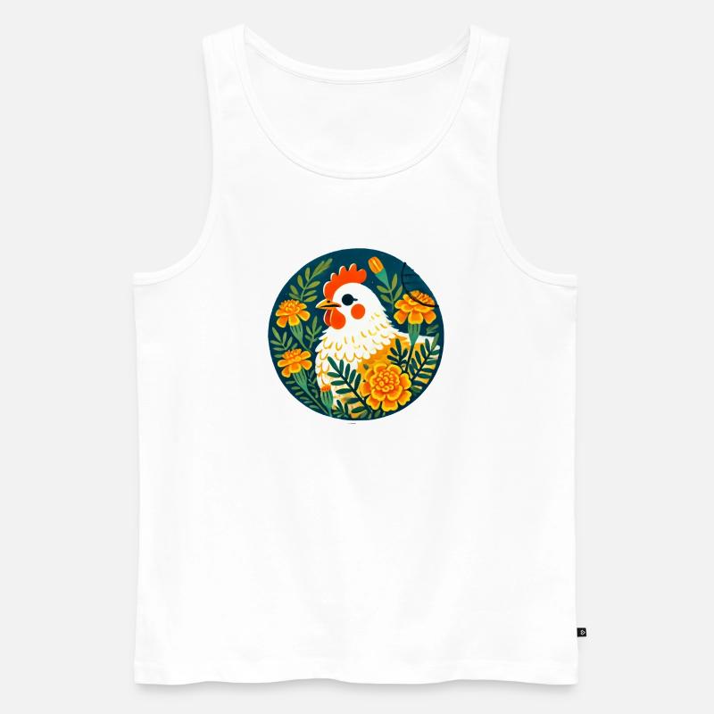 Sonnenhühner zwischen kräftigen Blumen - Männer Premium Bio Tank Top - Weiß