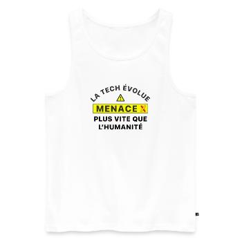 MenaceX_la_tech_evolue_plus_vite_que_l-humanite - Débardeur bio Premium Homme - blanc - Devant - AI Model Male 178 light (178cm)