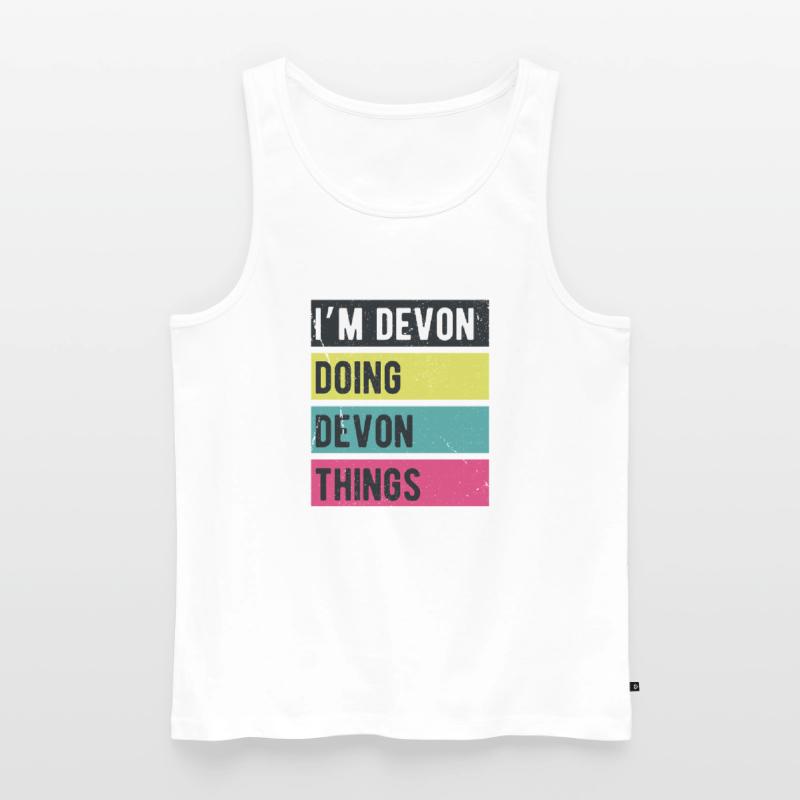 Ich bin Devon und mache Devon-Dinge in Retro-Farben Männer Premium Bio Tank Top