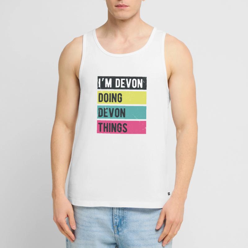 Ich bin Devon und mache Devon-Dinge in Retro-Farben Männer Premium Bio Tank Top