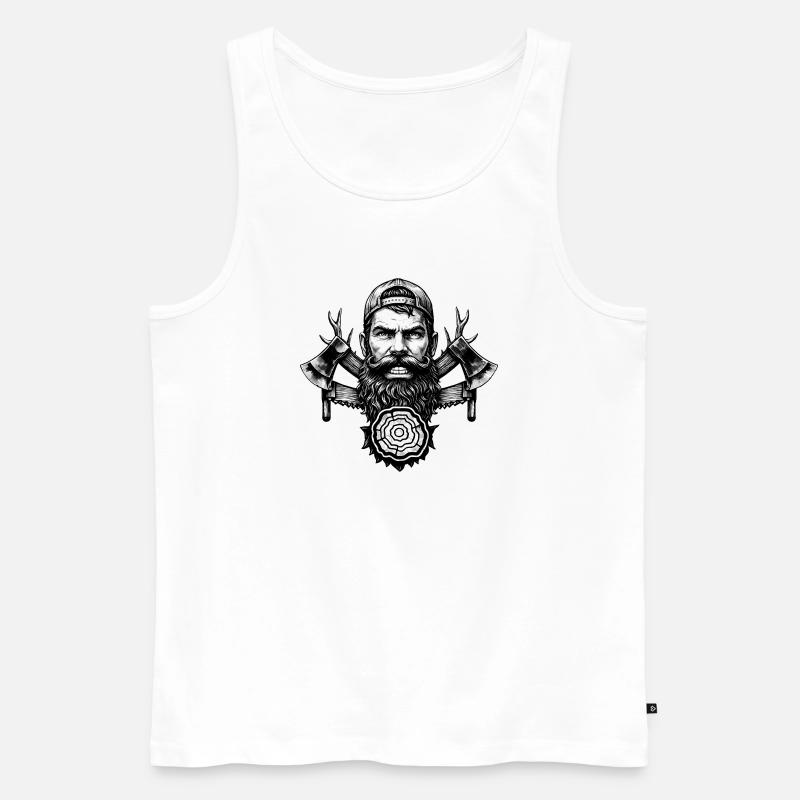 Holzfäller mit Bart, Äxten und Baumstamm - Männer Premium Bio Tank Top - Weiß