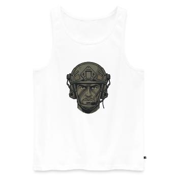 Taktisches Soldaten Portrait mit Combat Helm - Männer Premium Bio Tank Top - Weiß - Vorne - Michal (187cm)