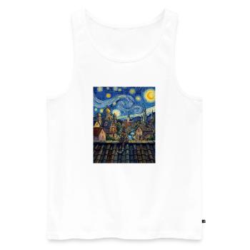 Kosmische Katze über mondbeschienener Stadt - Männer Premium Bio Tank Top - Weiß - Vorne - AI Model Male 178 light (178cm)