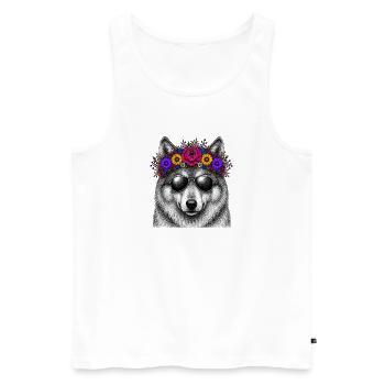 Loup avec une couronne de fleurs et des lunettes de soleil - Débardeur bio Premium Homme - blanc - Devant - AI Model Male 178 light (178cm)