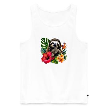 Paresseux tropical en pleine frénésie florale - Débardeur bio Premium Homme - blanc - Devant - AI Model Male 178 light (178cm)