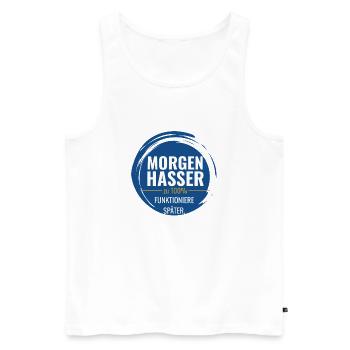 Morgenhasser – Zu 100% funktioniere später - Männer Premium Bio Tank Top - Weiß - Vorne - AI Model Male 178 light (178cm)