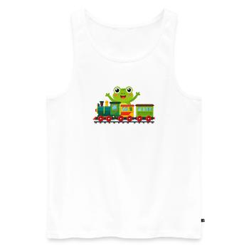 Grenouille de dessins animés verts qui acclame avec un train jouet - Débardeur bio Premium Homme - blanc - Devant - Michal (187cm)