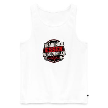 Trainieren. Essen. Wiederholen. – Fitness - Männer Premium Bio Tank Top - Weiß - Vorne - Michal (187cm)