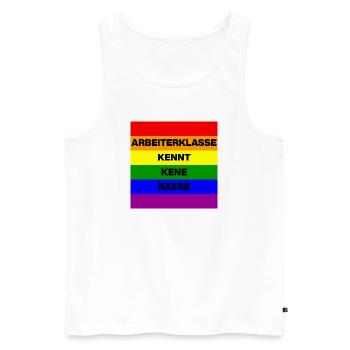 ARBEITERKLASSE KENNT KEINE RASSE, NIE WIEDER JETZT - Männer Premium Bio Tank Top - Weiß - Vorne - Michal (187cm)