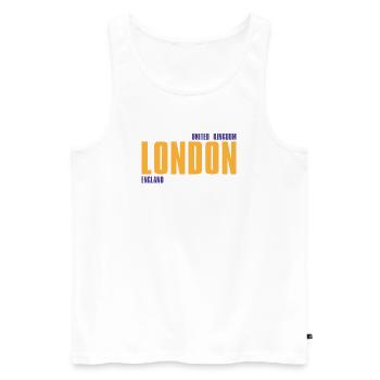 London in golden text with blue accents - Men's Premium Organic Tank Top - white - Front - AI Model Male 178 light (178cm)