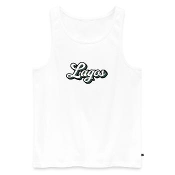 Lagos font with color stripes - Men's Premium Organic Tank Top - white - Front - AI Model Male 178 light (178cm)