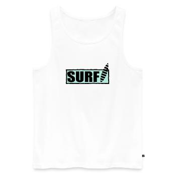 SURF. SURFEUR. SURFEUSE. SPORT. VACANCES. VOYAGE. - Débardeur bio Premium Homme - blanc - Devant - AI Model Male 178 light (178cm)