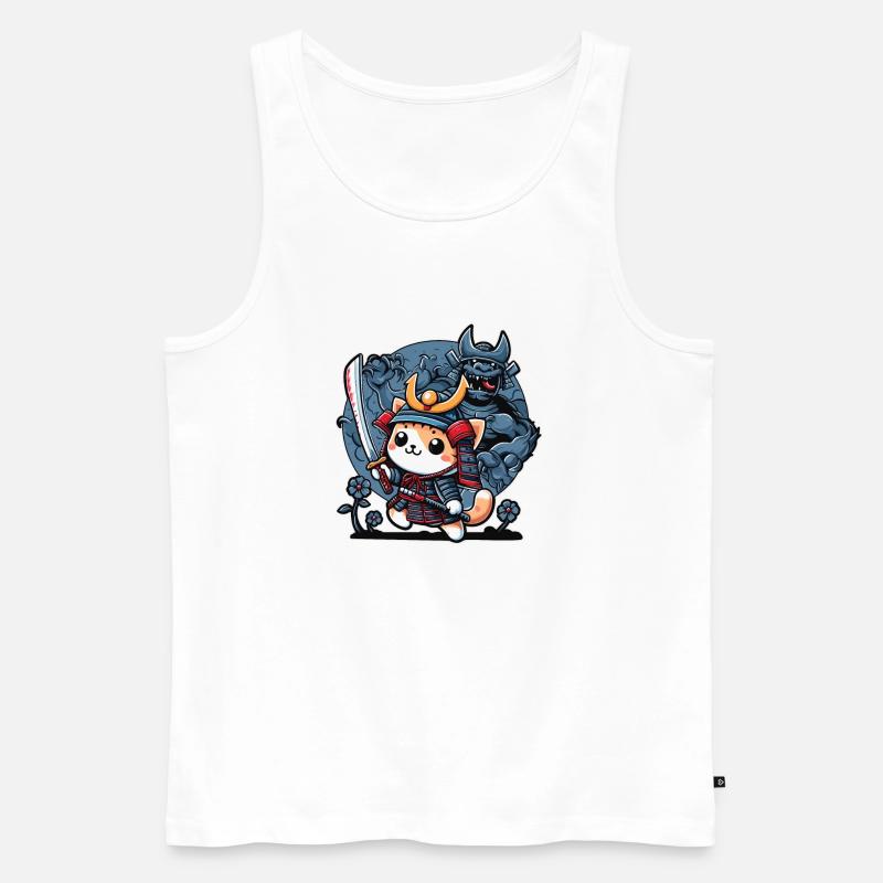 Samurai-Ninja-Katze und Monster dahinter - Männer Premium Bio Tank Top - Weiß