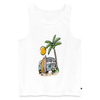 Bus de surf tropical sur la plage de palmiers - Débardeur bio Premium Homme - blanc - Devant - AI Model Male 178 light (178cm)