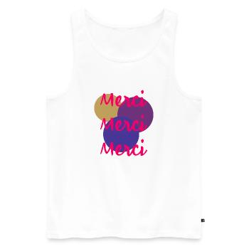 MERCI. THANKS. THANK YOU. ANNIVERSAIRE. NAISSANCE. - Débardeur bio Premium Homme - blanc - Devant - Michal (187cm)