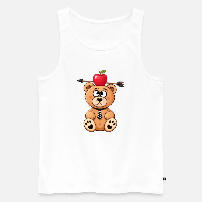 Witziger Bär mit Apfel und Pfeil - Männer Premium Bio Tank Top - Weiß