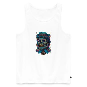 Squelette Crâne avec chapeau et fleurs Bande dessinée cool - Débardeur bio Premium Homme - blanc - Devant - Michal (187cm)