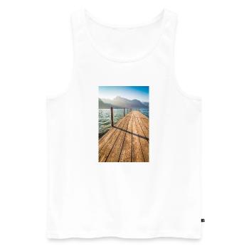 Jetée en bois au lac de la montagne au soleil - Débardeur bio Premium Homme - blanc - Devant - AI Model Male 178 light (178cm)