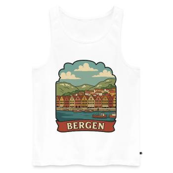 Autocollant de voyage vintage Bryggen Bergen Norvège - Débardeur bio Premium Homme - blanc - Devant - AI Model Male 178 light (178cm)