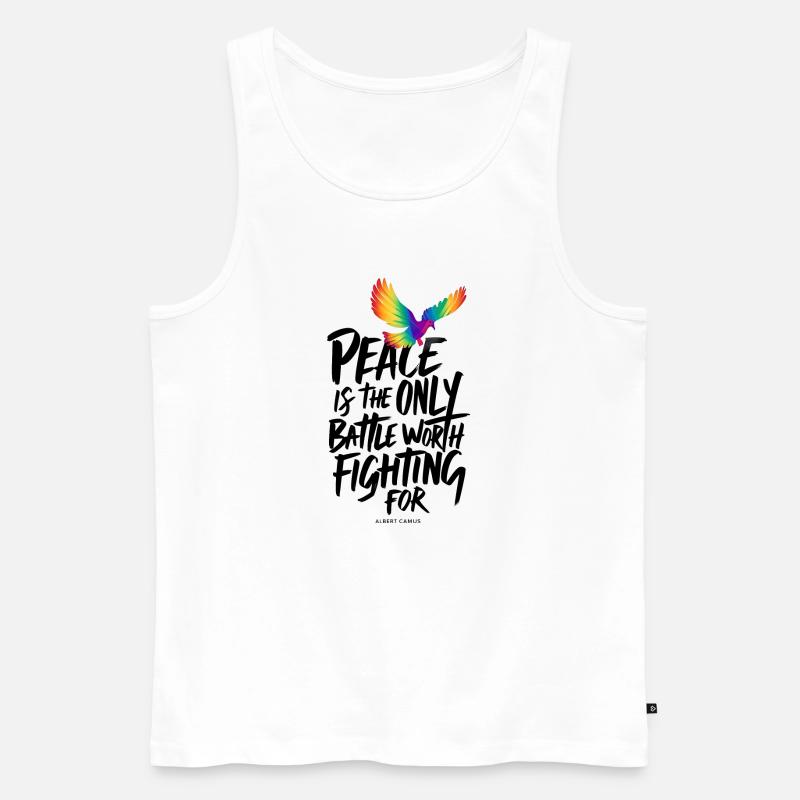 Feurige Regenbogentaube mit Friedenstext - Männer Premium Bio Tank Top - Weiß