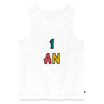 1. 1 AN. 1er ANNIVERSAIRE. ANNIVERSAIRE 1 AN. ANNI - Débardeur bio Premium Homme - blanc - Devant - Michal (187cm)
