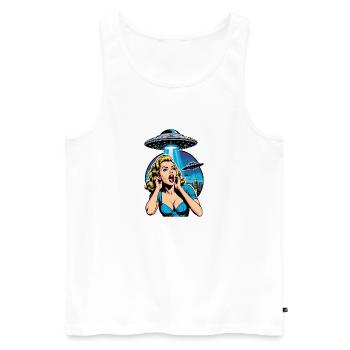 Eine schöne Frau hat Angst vor einer UFO-Invasion. - Männer Premium Bio Tank Top - Weiß - Vorne - AI Model Male 178 light (178cm)