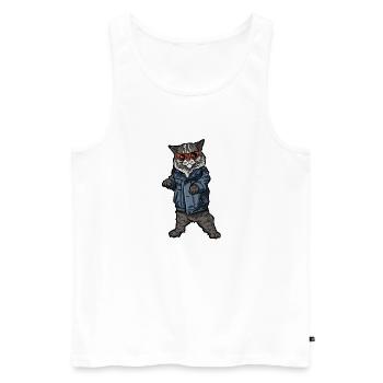 Chat swag en veste jeans - Débardeur bio Premium Homme - blanc - Devant - AI Model Male 178 light (178cm)