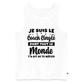 Coach Cinglé Humour Coaching Sportif Cadeau - Débardeur bio Premium Homme - blanc - Devant - AI Model Male 178 light (178cm)