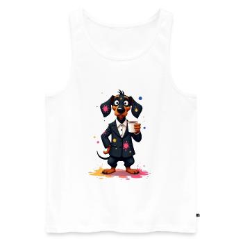 Teckel artistique en costume avec tasse à café - Débardeur bio Premium Homme - blanc - Devant - Michal (187cm)