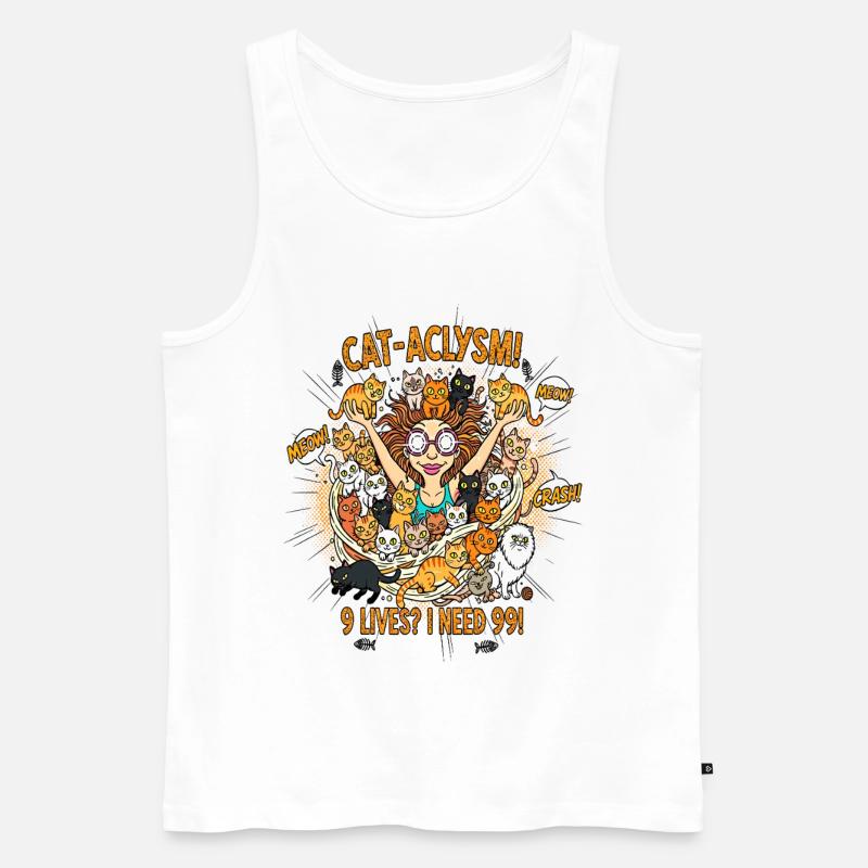 CAT-ACLYSM! 99 Katzen Chaos - Comic - Männer Premium Bio Tank Top - Weiß