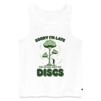Disc Golf Désolé d’être en retard Les bois ont gardé mes disques - Débardeur bio Premium Homme - blanc - Devant - Michal (187cm)