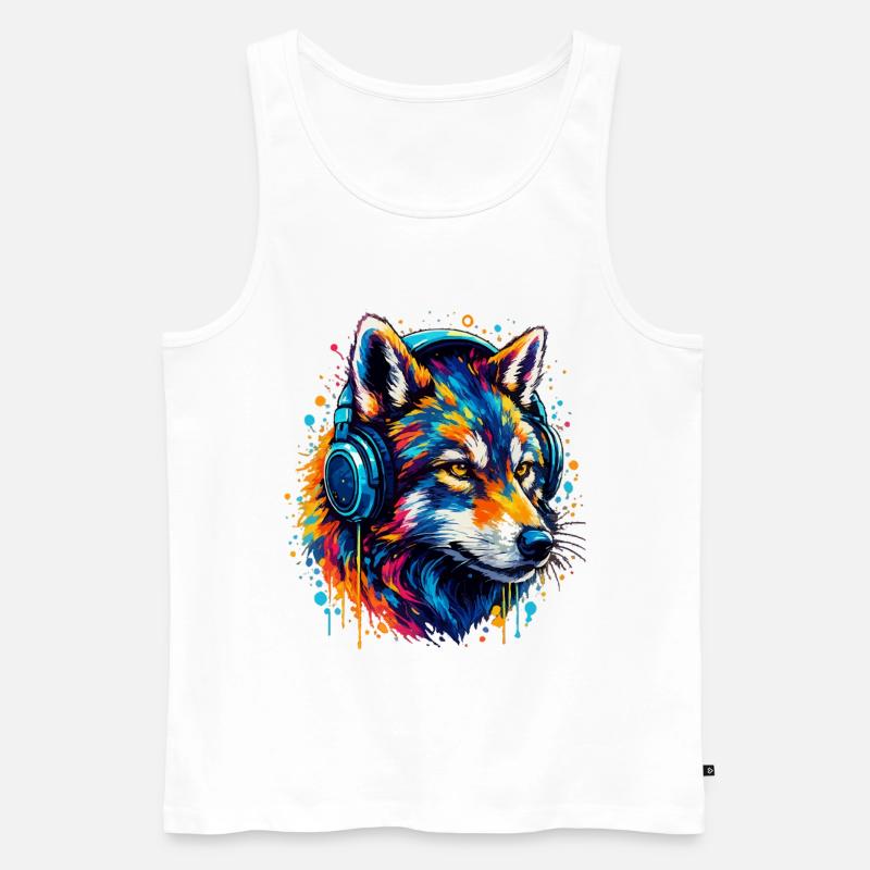 Fuchs mit Neon Kopfhörer Kunst - Männer Premium Bio Tank Top - Weiß