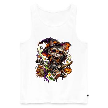 Halloween Hexenkatze auf Besen - Männer Premium Bio Tank Top - Weiß - Vorne - Michal (187cm)