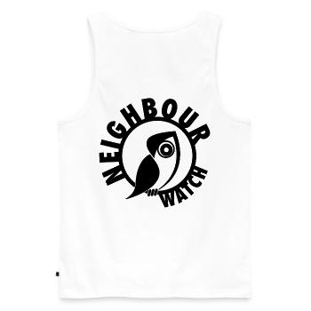 Neighbour Watch – Urban Owl Surveillance Club - Men's Premium Organic Tank Top - white - Back - AI Model Male 178 light (178cm)